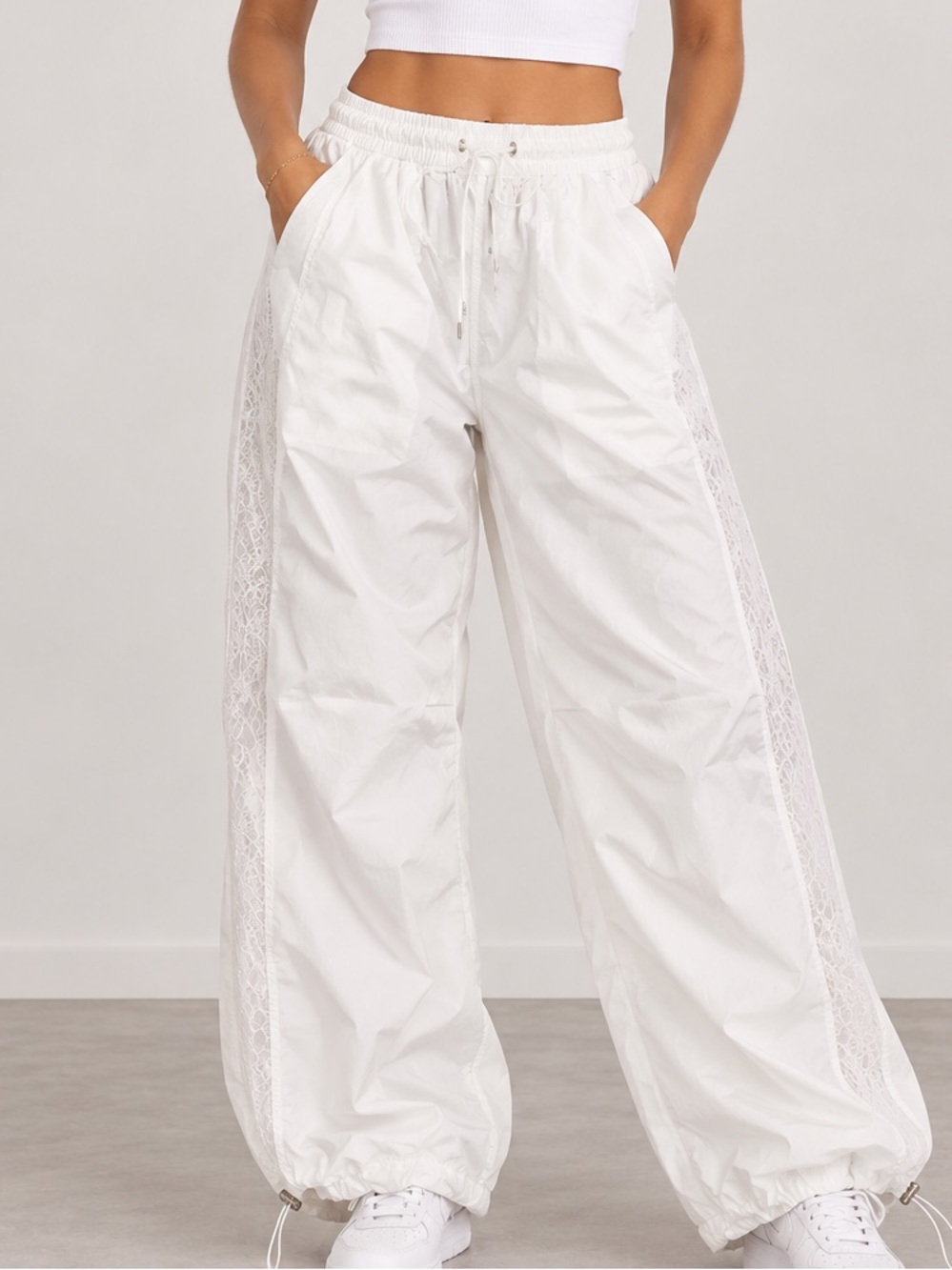 062.New White Lace-Trim Wide Leg Track Pants